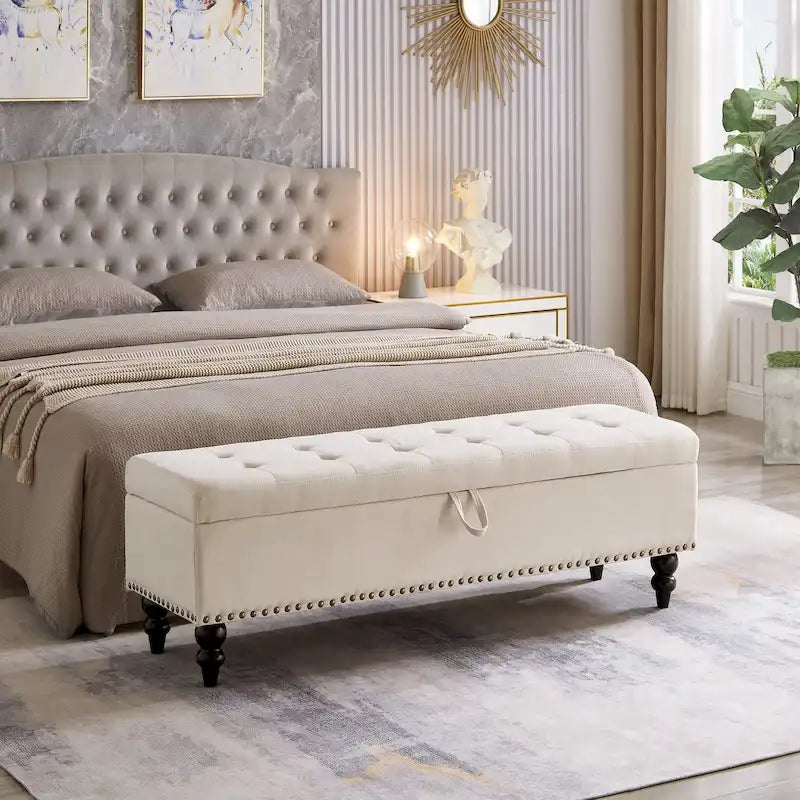 Soft Fabric Upholstery Storage Bench with Solid Wood Legs and Bronze Nails