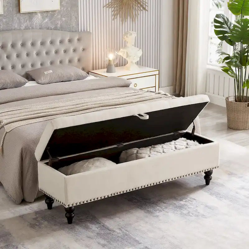 Soft Fabric Upholstery Storage Bench with Solid Wood Legs and Bronze Nails