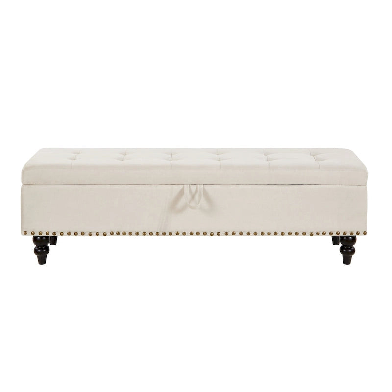 Soft Fabric Upholstery Storage Bench with Solid Wood Legs and Bronze Nails