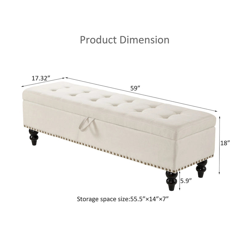 Soft Fabric Upholstery Storage Bench with Solid Wood Legs and Bronze Nails