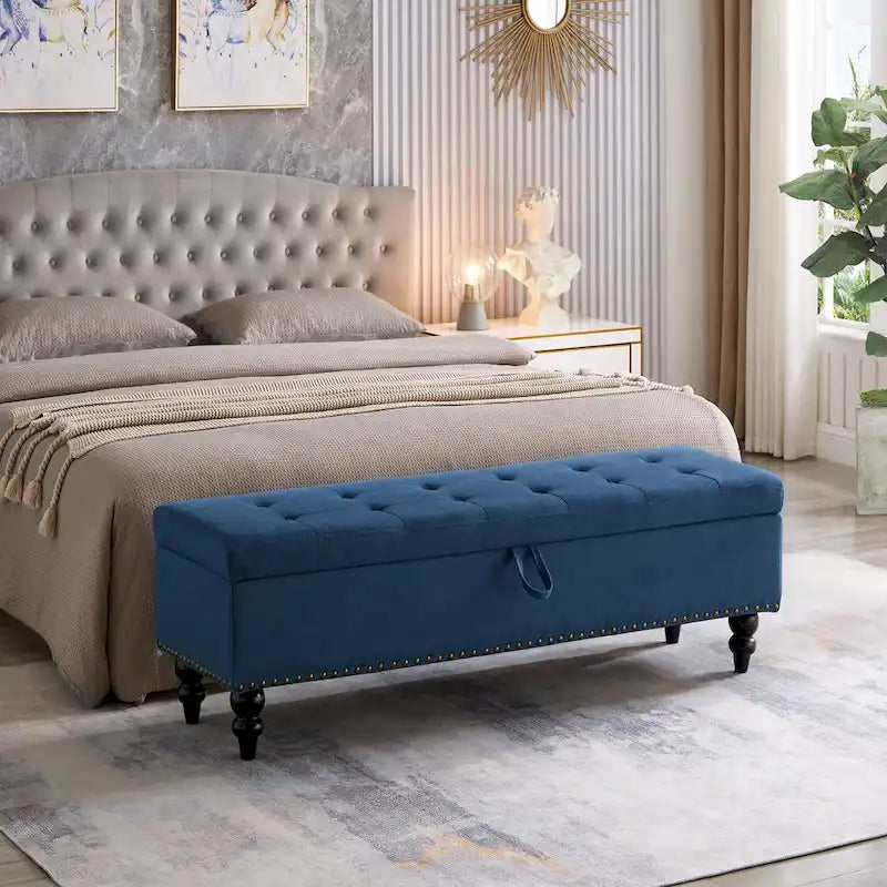 Soft Fabric Upholstery Storage Bench with Solid Wood Legs and Bronze Nails