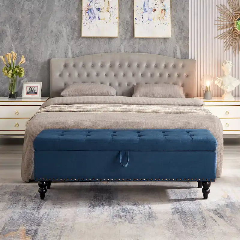 Soft Fabric Upholstery Storage Bench with Solid Wood Legs and Bronze Nails