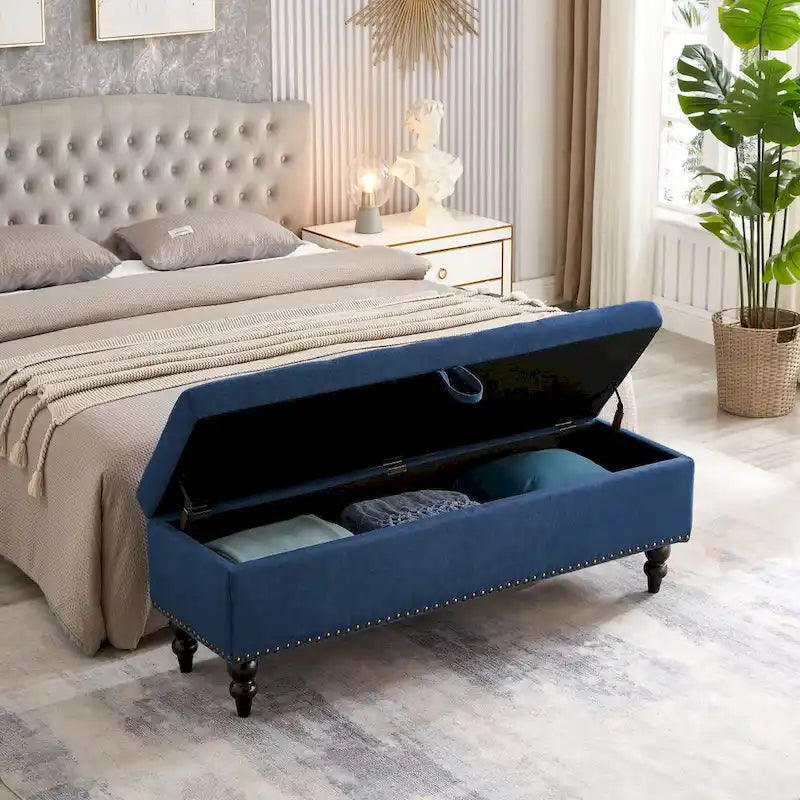 Soft Fabric Upholstery Storage Bench with Solid Wood Legs and Bronze Nails
