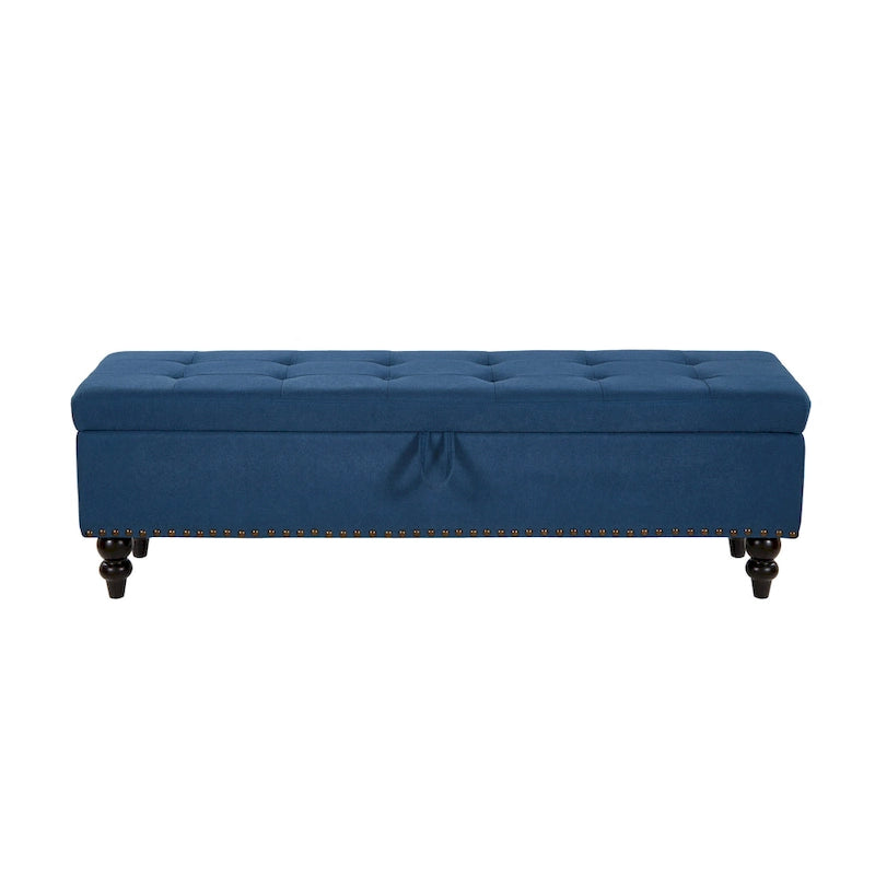 Soft Fabric Upholstery Storage Bench with Solid Wood Legs and Bronze Nails