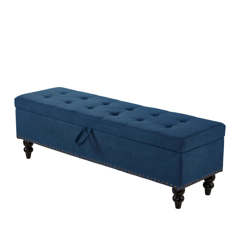 Soft Fabric Upholstery Storage Bench with Solid Wood Legs and Bronze Nails