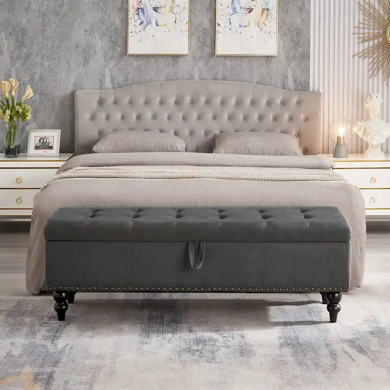 Soft Fabric Upholstery Storage Bench with Solid Wood Legs and Bronze Nails