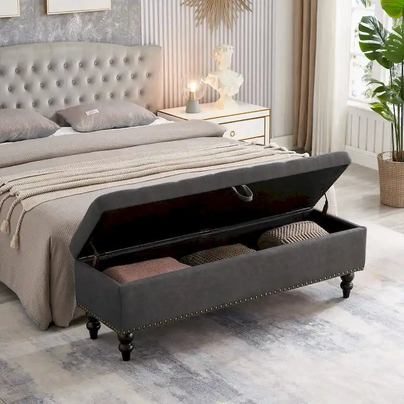 Soft Fabric Upholstery Storage Bench with Solid Wood Legs and Bronze Nails