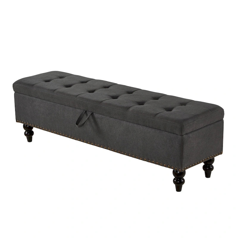 Soft Fabric Upholstery Storage Bench with Solid Wood Legs and Bronze Nails