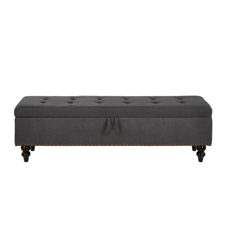 Soft Fabric Upholstery Storage Bench with Solid Wood Legs and Bronze Nails