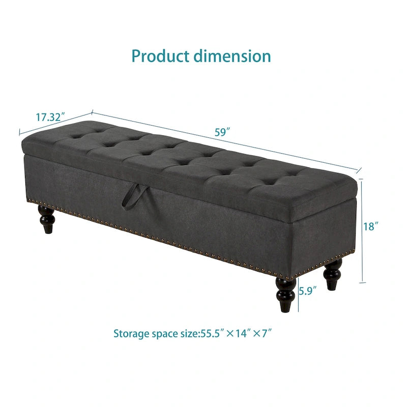 Soft Fabric Upholstery Storage Bench with Solid Wood Legs and Bronze Nails