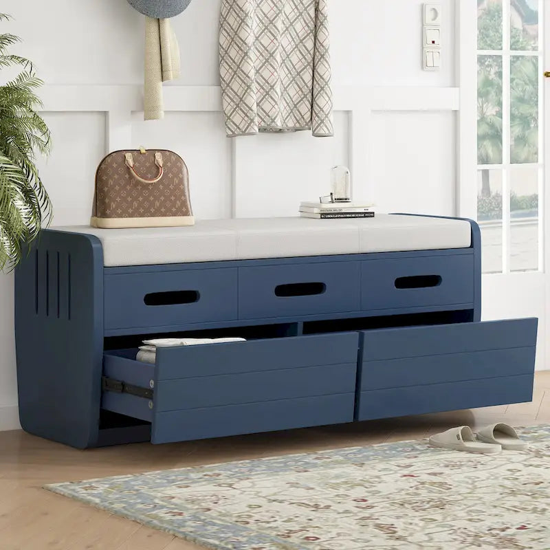 Rustic Storage Bench with 2 Drawers, Hidden Storage Space, and 3 False Drawers at the Top