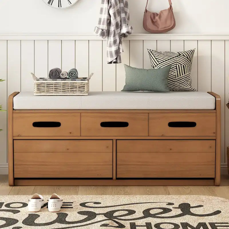 Rustic Storage Bench with 2 Drawers, Hidden Storage Space, and 3 False Drawers at the Top