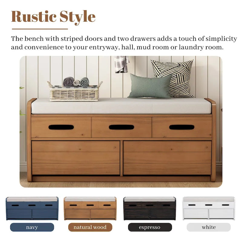 Rustic Storage Bench with 2 Drawers, Hidden Storage Space, and 3 False Drawers at the Top