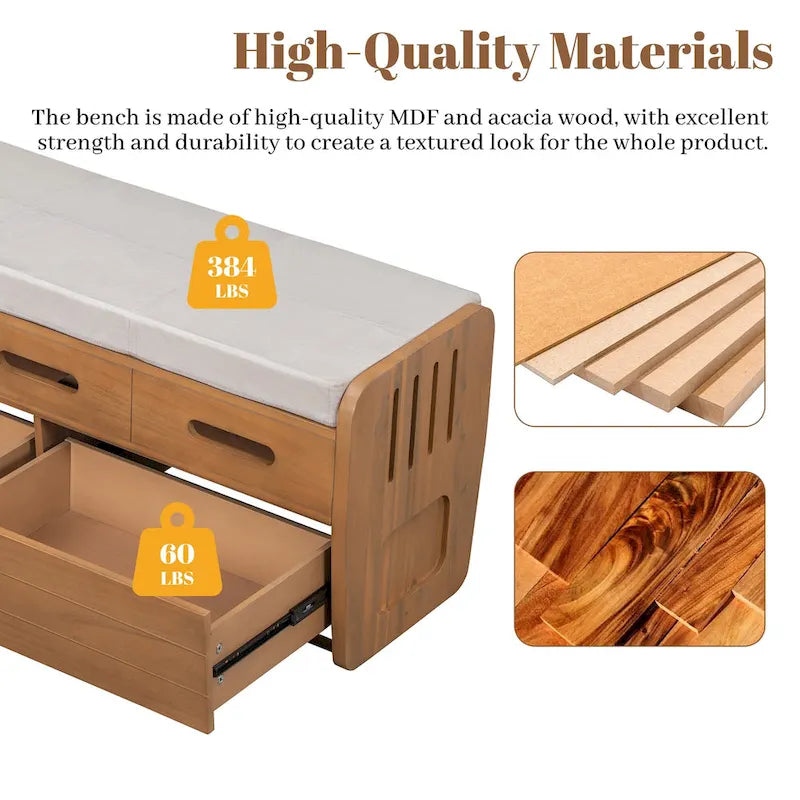 Rustic Storage Bench with 2 Drawers, Hidden Storage Space, and 3 False Drawers at the Top