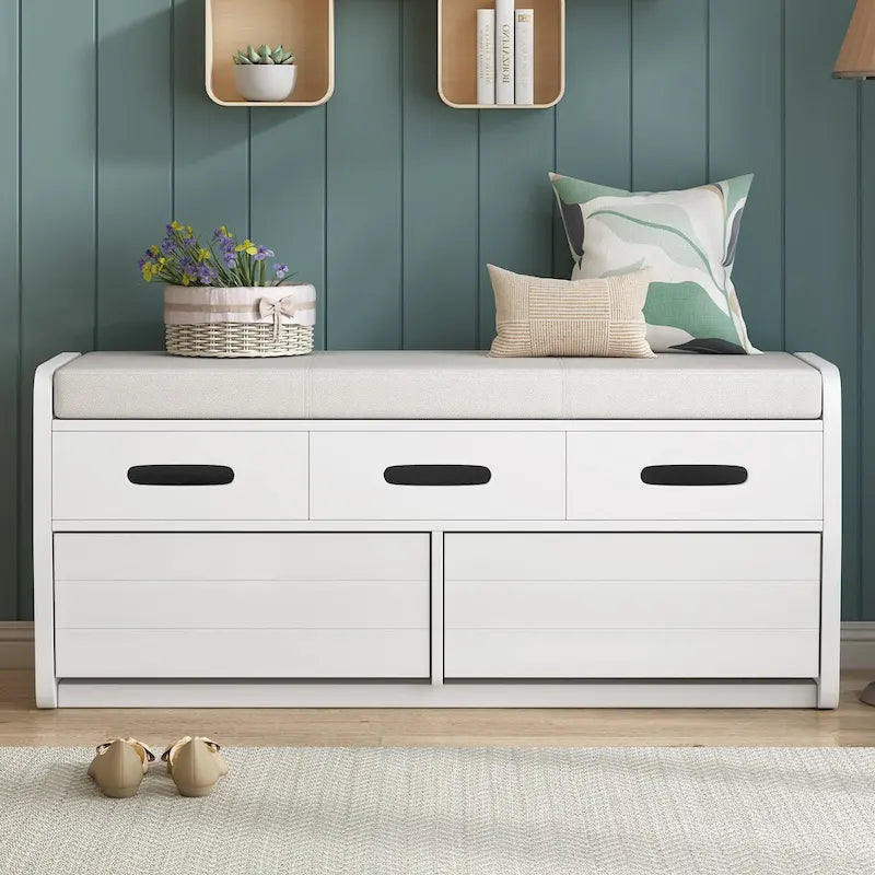 Rustic Storage Bench with 2 Drawers, Hidden Storage Space, and 3 False Drawers at the Top