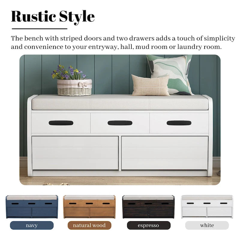 Rustic Storage Bench with 2 Drawers, Hidden Storage Space, and 3 False Drawers at the Top