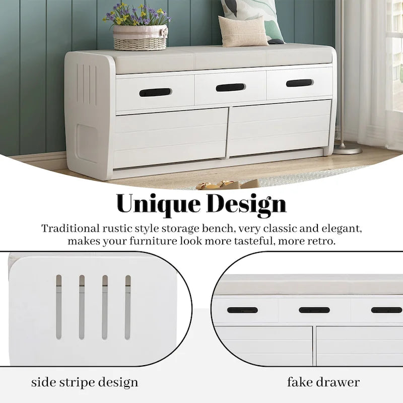 Rustic Storage Bench with 2 Drawers, Hidden Storage Space, and 3 False Drawers at the Top