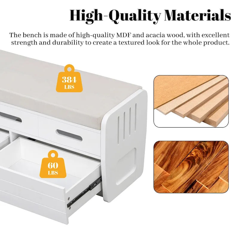 Rustic Storage Bench with 2 Drawers, Hidden Storage Space, and 3 False Drawers at the Top