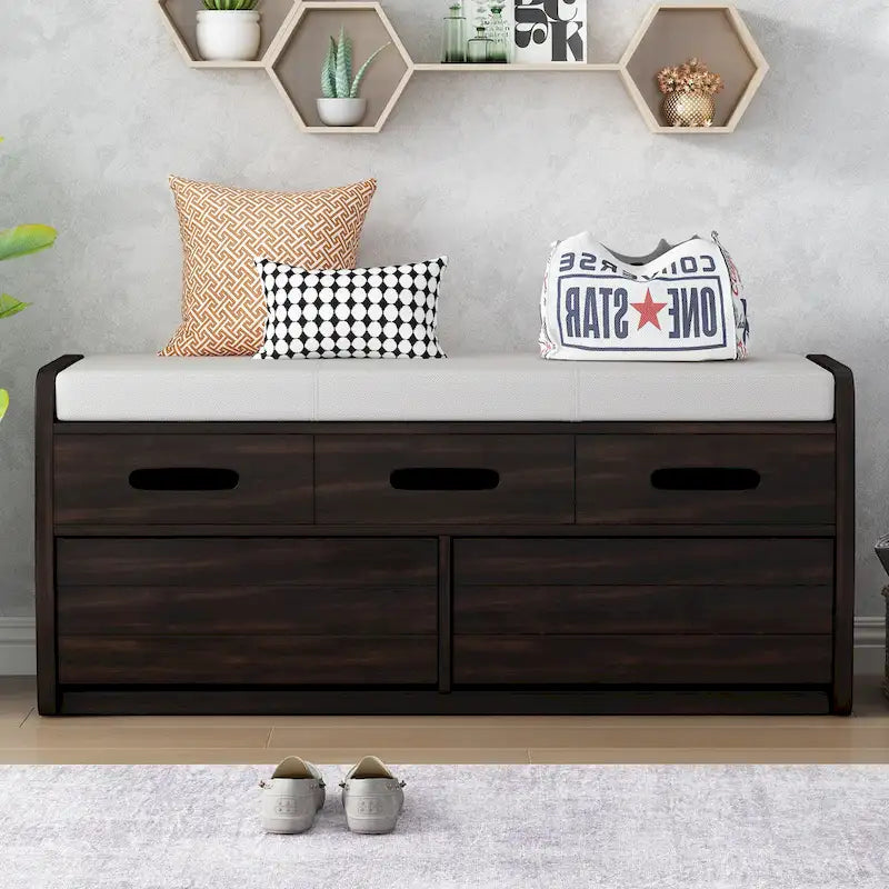 Rustic Storage Bench with 2 Drawers, Hidden Storage Space, and 3 False Drawers at the Top