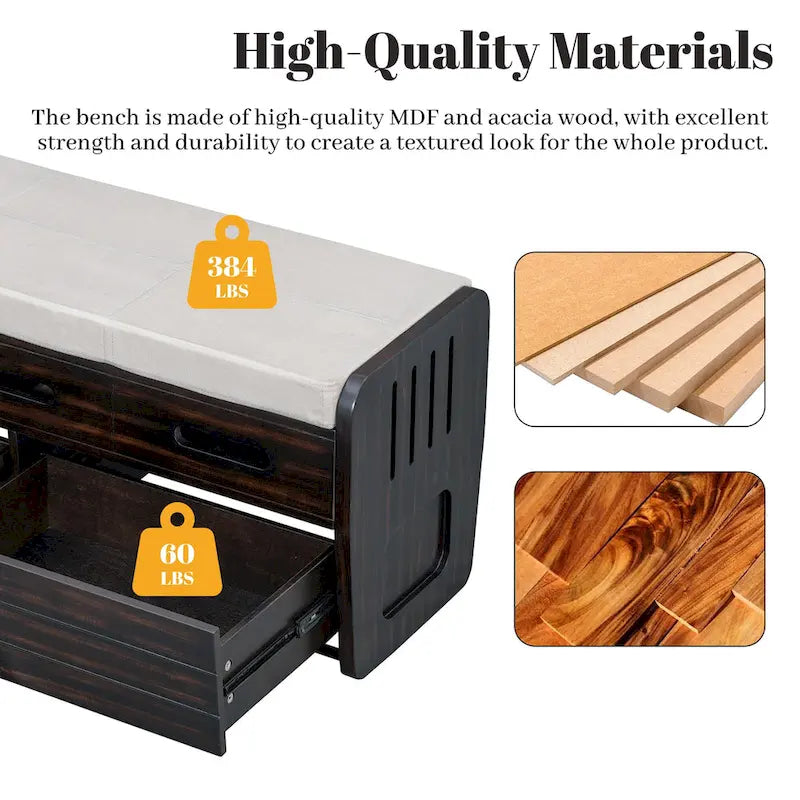 Rustic Storage Bench with 2 Drawers, Hidden Storage Space, and 3 False Drawers at the Top