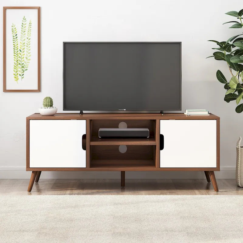 White+Walnut 47.25  TV Stand with Splayed Legs & 3 Staggered Drawers for 40  TVs