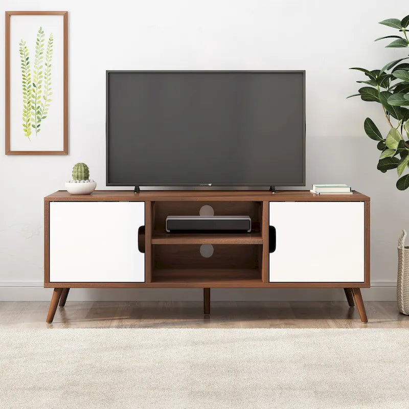 White+Walnut 47.25  TV Stand with Splayed Legs & 3 Staggered Drawers for 40  TVs