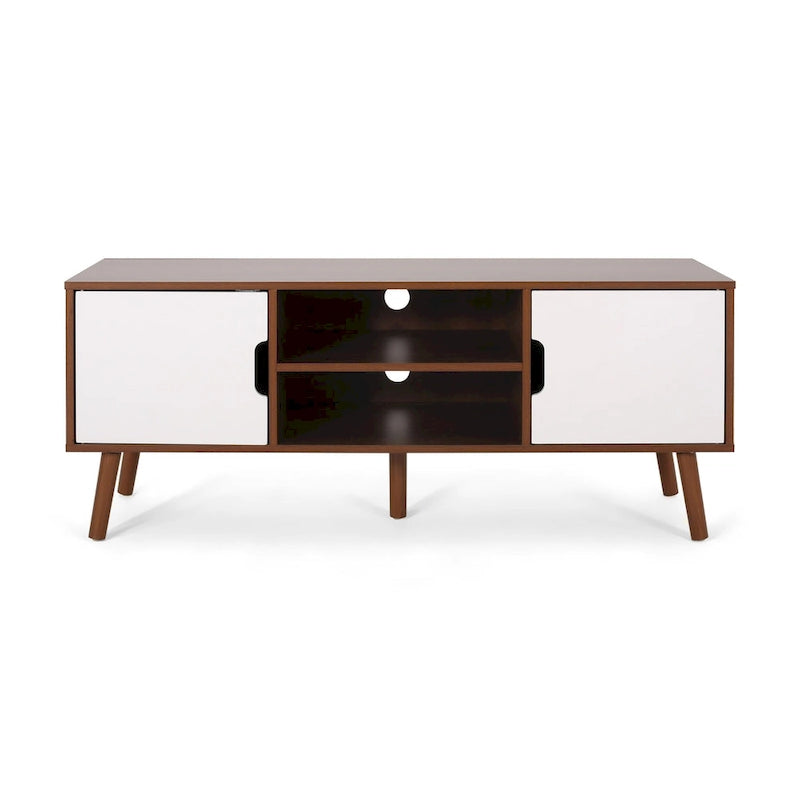 White+Walnut 47.25  TV Stand with Splayed Legs & 3 Staggered Drawers for 40  TVs