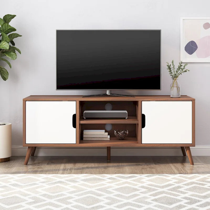 White+Walnut 47.25  TV Stand with Splayed Legs & 3 Staggered Drawers for 40  TVs