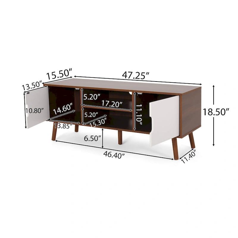 White+Walnut 47.25  TV Stand with Splayed Legs & 3 Staggered Drawers for 40  TVs