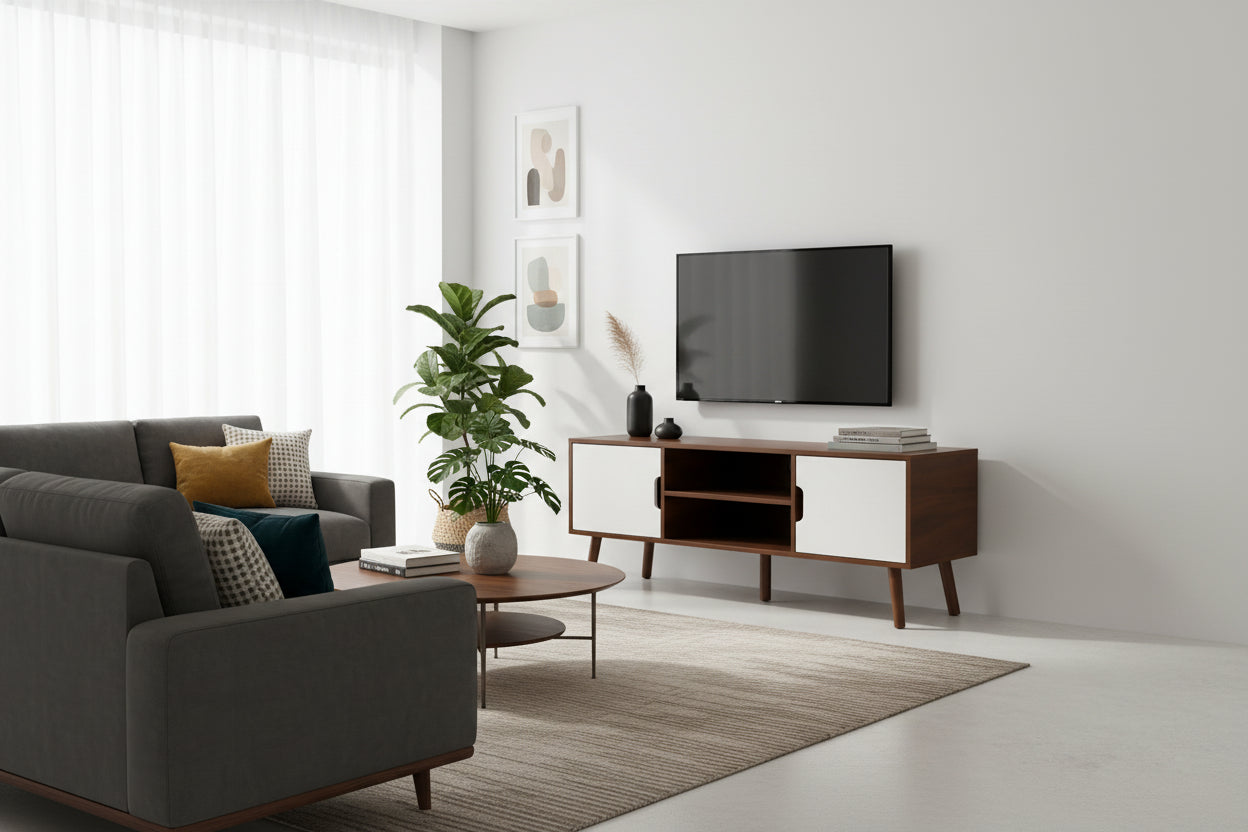 White+Walnut 47.25  TV Stand with Splayed Legs & 3 Staggered Drawers for 40  TVs