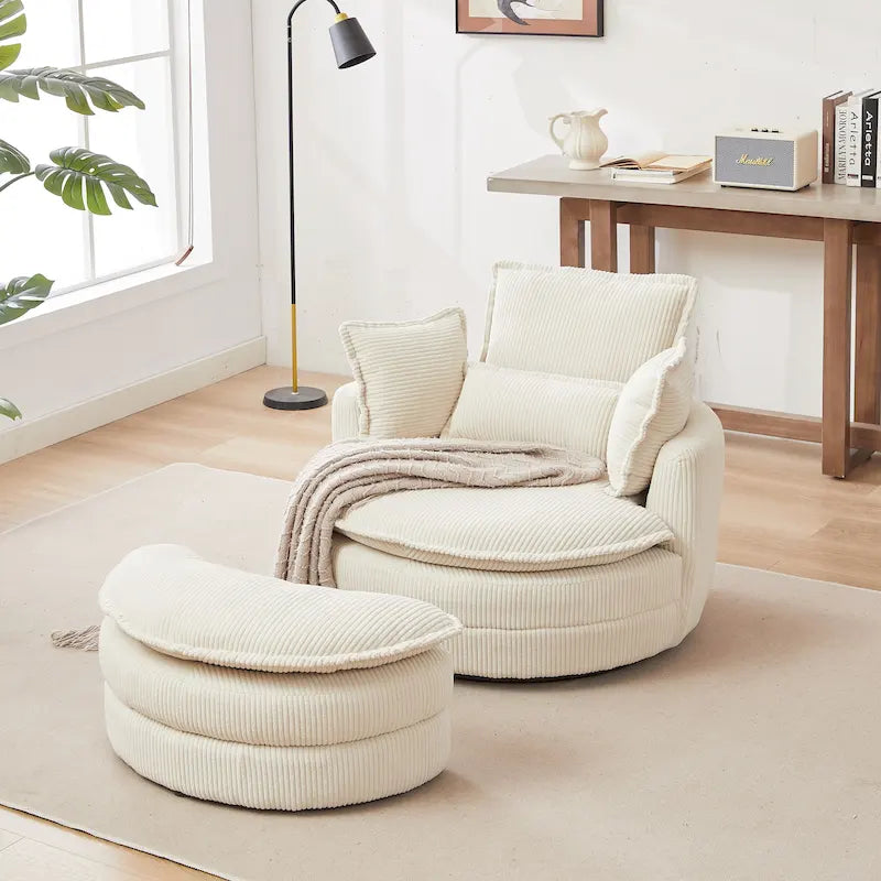 Beige 52  Upholstered Swivel Barrel Chair with Moon Storage Ottoman and Pillows