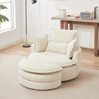 Beige 52  Upholstered Swivel Barrel Chair with Moon Storage Ottoman and Pillows