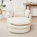 Beige 52  Upholstered Swivel Barrel Chair with Moon Storage Ottoman and Pillows