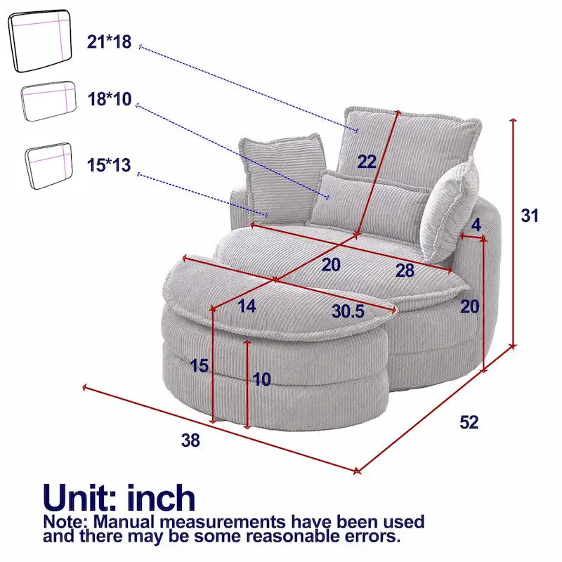 Beige 52  Upholstered Swivel Barrel Chair with Moon Storage Ottoman and Pillows