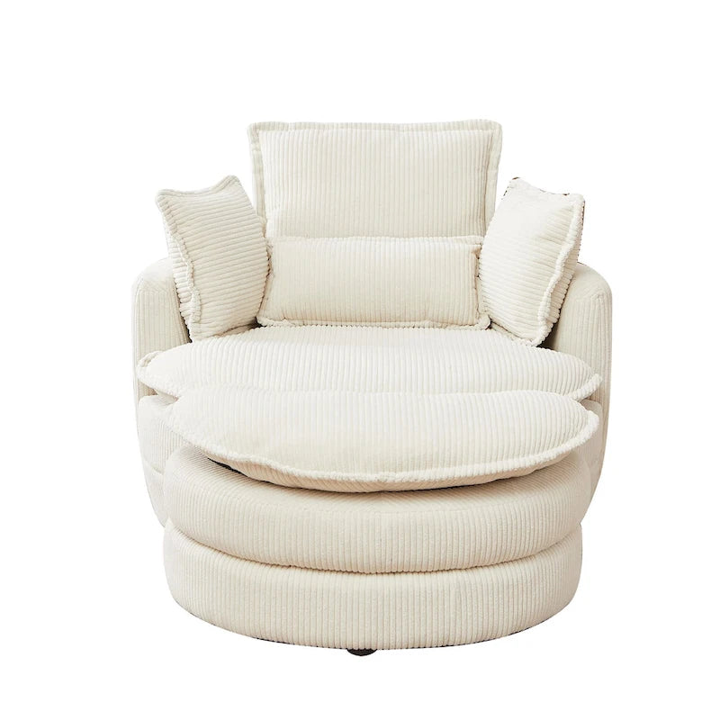 Beige 52  Upholstered Swivel Barrel Chair with Moon Storage Ottoman and Pillows