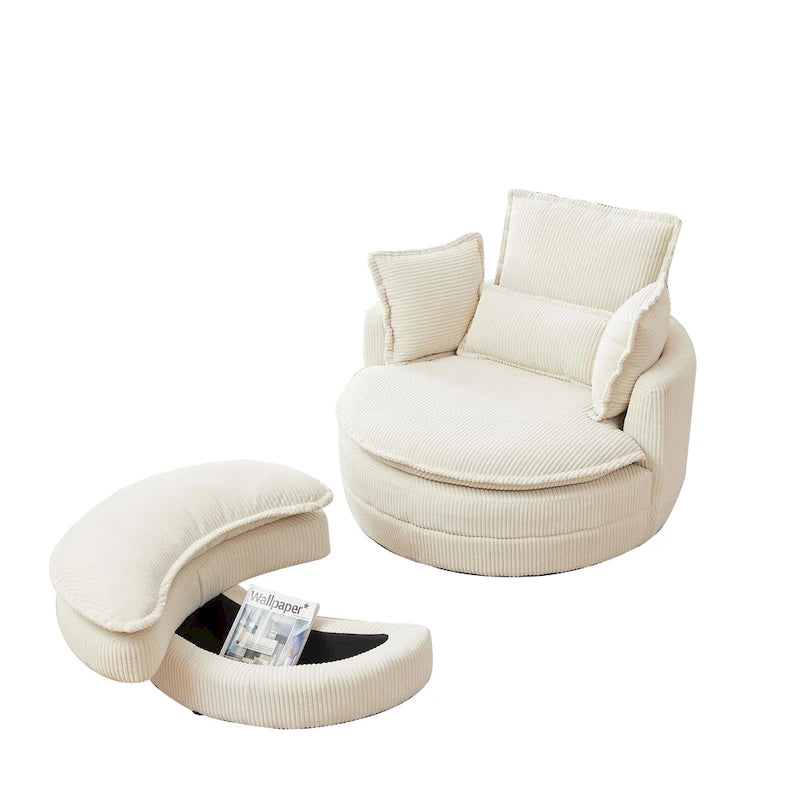 Beige 52  Upholstered Swivel Barrel Chair with Moon Storage Ottoman and Pillows