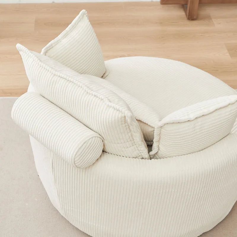 Beige 52  Upholstered Swivel Barrel Chair with Moon Storage Ottoman and Pillows