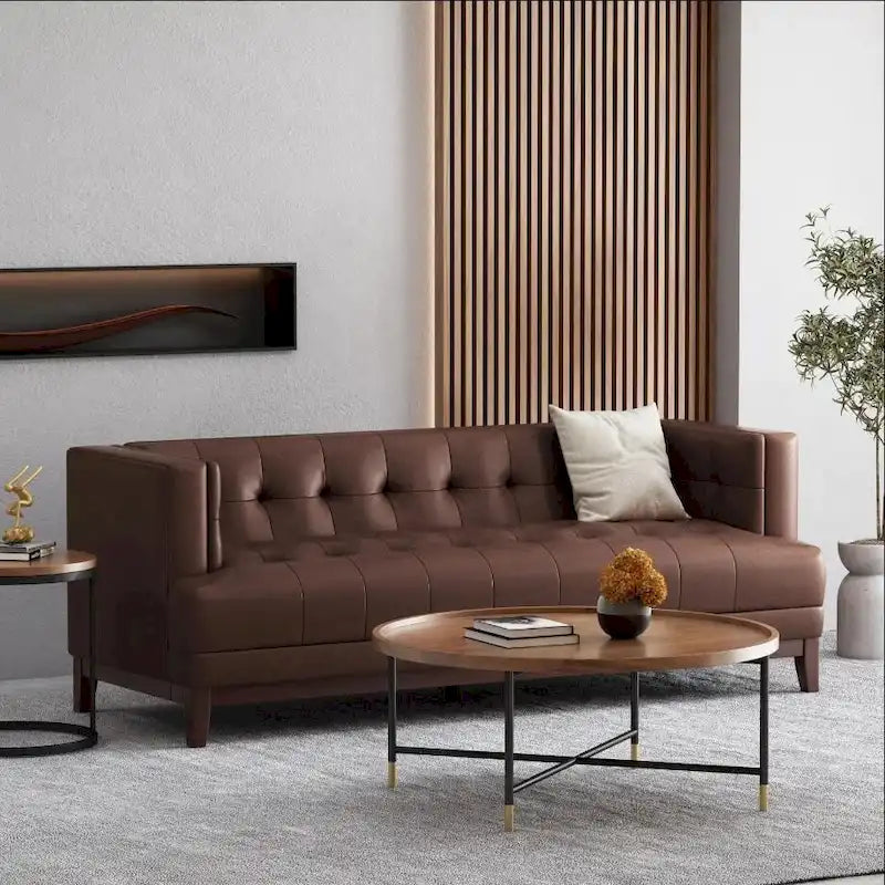 Dark Brown Modern 80.75  Button Tufted 3-Seater Sofa with Wood Legs
