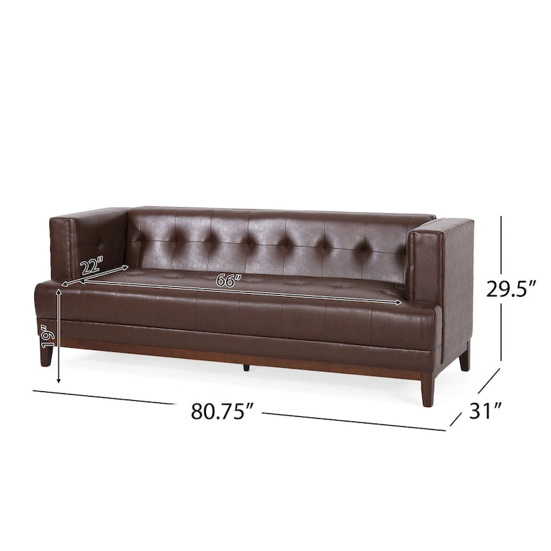 Dark Brown Modern 80.75  Button Tufted 3-Seater Sofa with Wood Legs