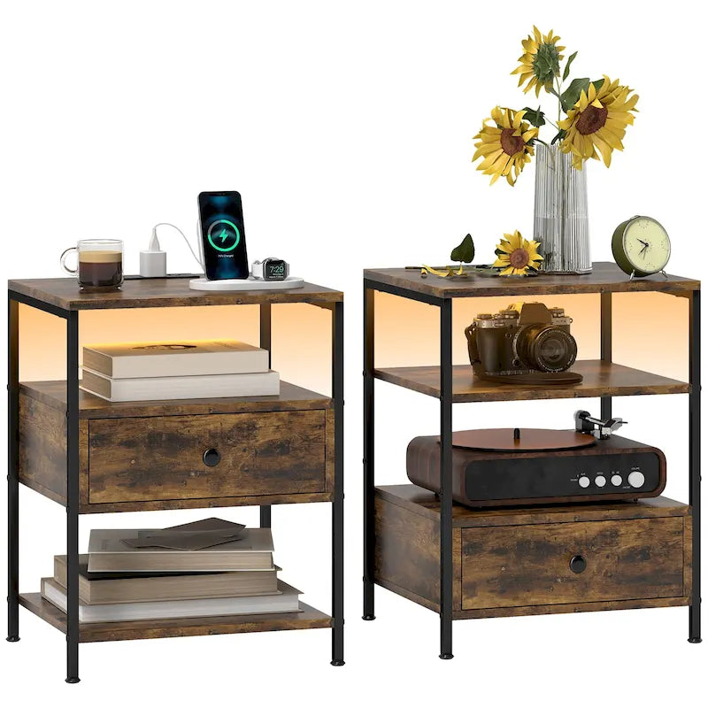 Set of 2 End Tables with Charging Stations and LED Lights, 3-Tier Side Tables with USB Ports and Outlets, Drawer and Shelves
