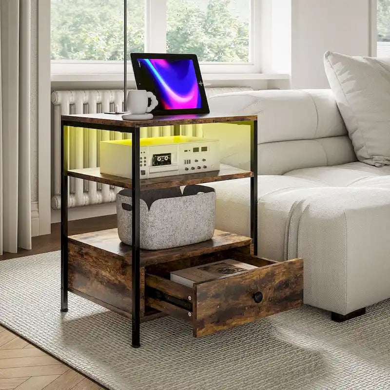 Set of 2 End Tables with Charging Stations and LED Lights, 3-Tier Side Tables with USB Ports and Outlets, Drawer and Shelves