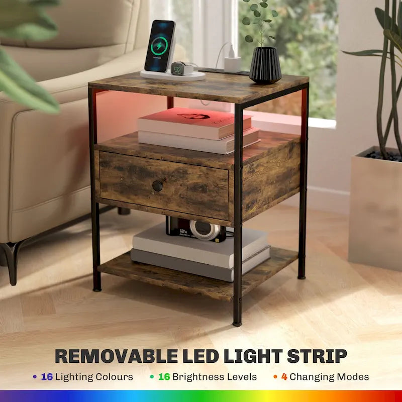 Set of 2 End Tables with Charging Stations and LED Lights, 3-Tier Side Tables with USB Ports and Outlets, Drawer and Shelves