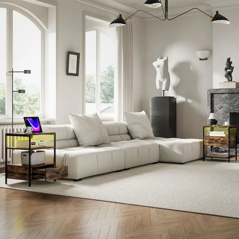 Set of 2 End Tables with Charging Stations and LED Lights, 3-Tier Side Tables with USB Ports and Outlets, Drawer and Shelves