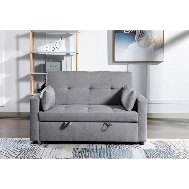 55.12  3-in-1 Linen Loveseat Convertible Sofa Bed with Side Pocket and Pillows