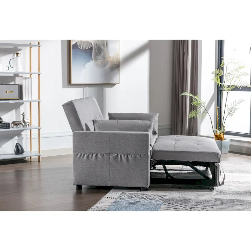 55.12  3-in-1 Linen Loveseat Convertible Sofa Bed with Side Pocket and Pillows