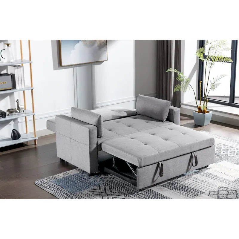 55.12  3-in-1 Linen Loveseat Convertible Sofa Bed with Side Pocket and Pillows