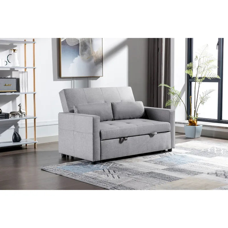 55.12  3-in-1 Linen Loveseat Convertible Sofa Bed with Side Pocket and Pillows