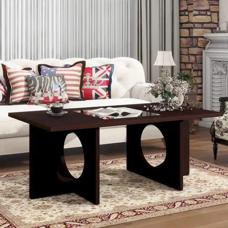 47  Contemporary Wood Rectangular Coffee Table with Clear Tempered Glass Top, Black and Light Espresso Top