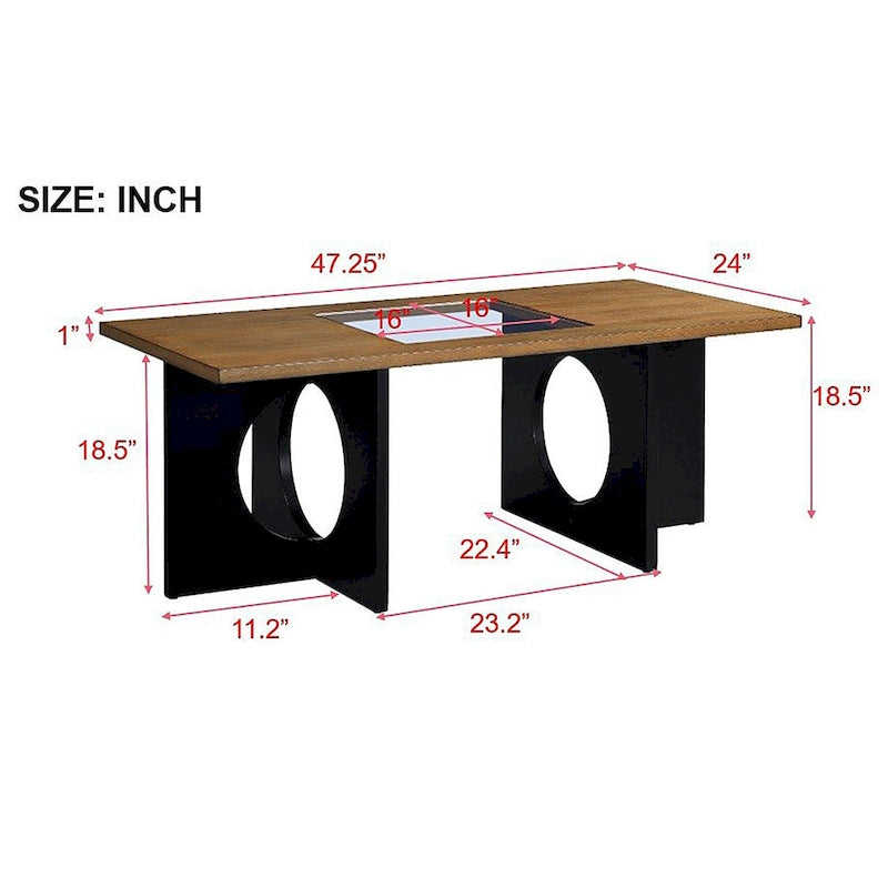 47  Contemporary Wood Rectangular Coffee Table with Clear Tempered Glass Top, Black and Light Espresso Top
