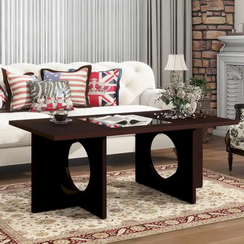 47  Contemporary Wood Rectangular Coffee Table with Clear Tempered Glass Top, Black and Light Espresso Top